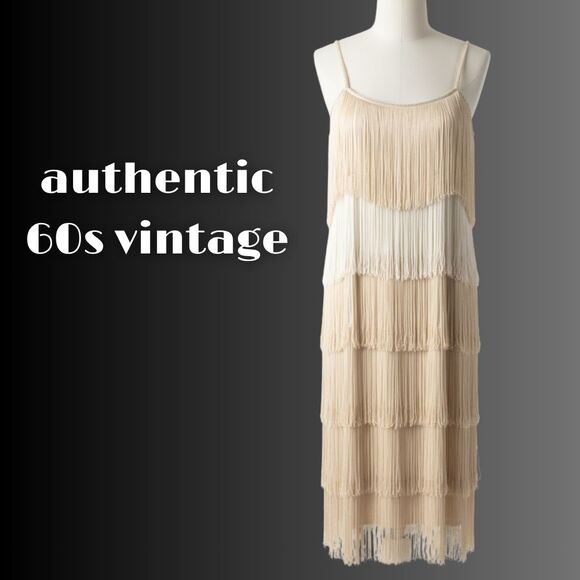 Vtg 60s 70s Flapper Dress Fringe Tassel GoGo Mod Gatsby Rhinestone Ivory Costume - Picture 1 of 11